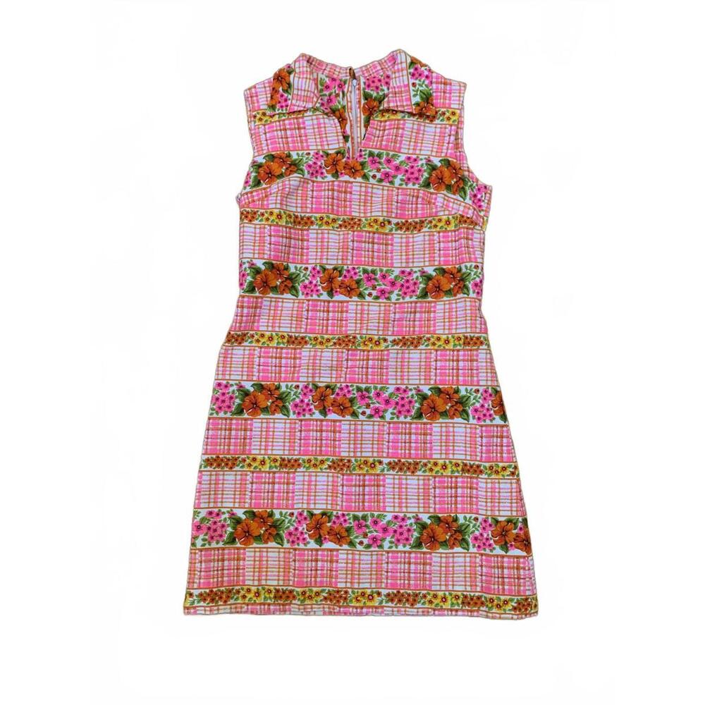 Vintage 60s/70s Liberty Circle Day Glo sleeveless Floral and Plaid Pattern Dress - Picture 2 of 5